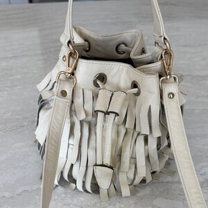 Fringed Leather Bucket Bag - Cream
